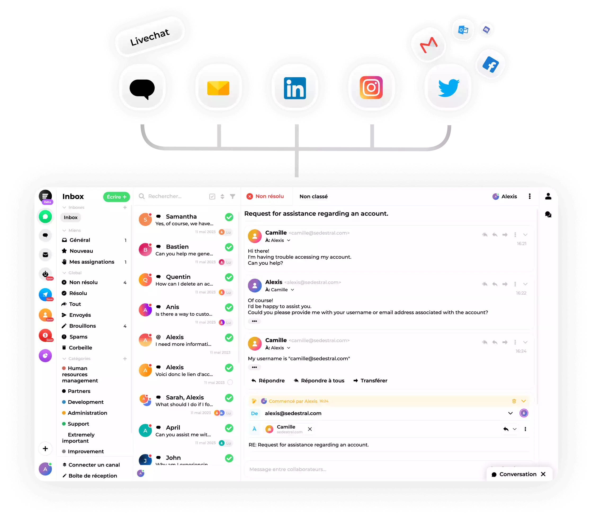 Page representing Sedestral's interface : In addition to live chat, connect your social networks, create emails, and centralize your communications in Sedestral.