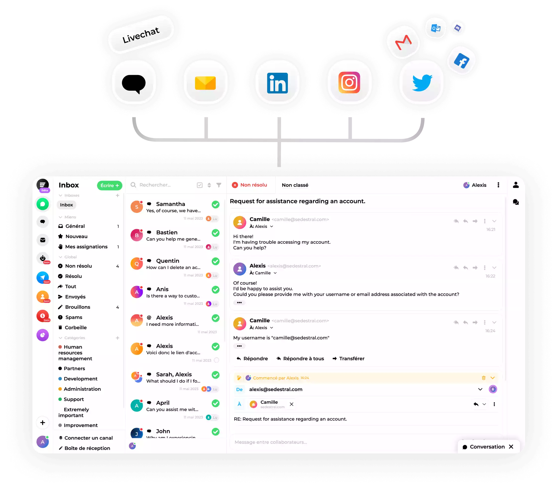 Page représentant l'interface de Sedestral : En plus des e-mails, connectez vos réseaux sociaux, créez un livechat et centralisez vos communications dans Sedestral.
