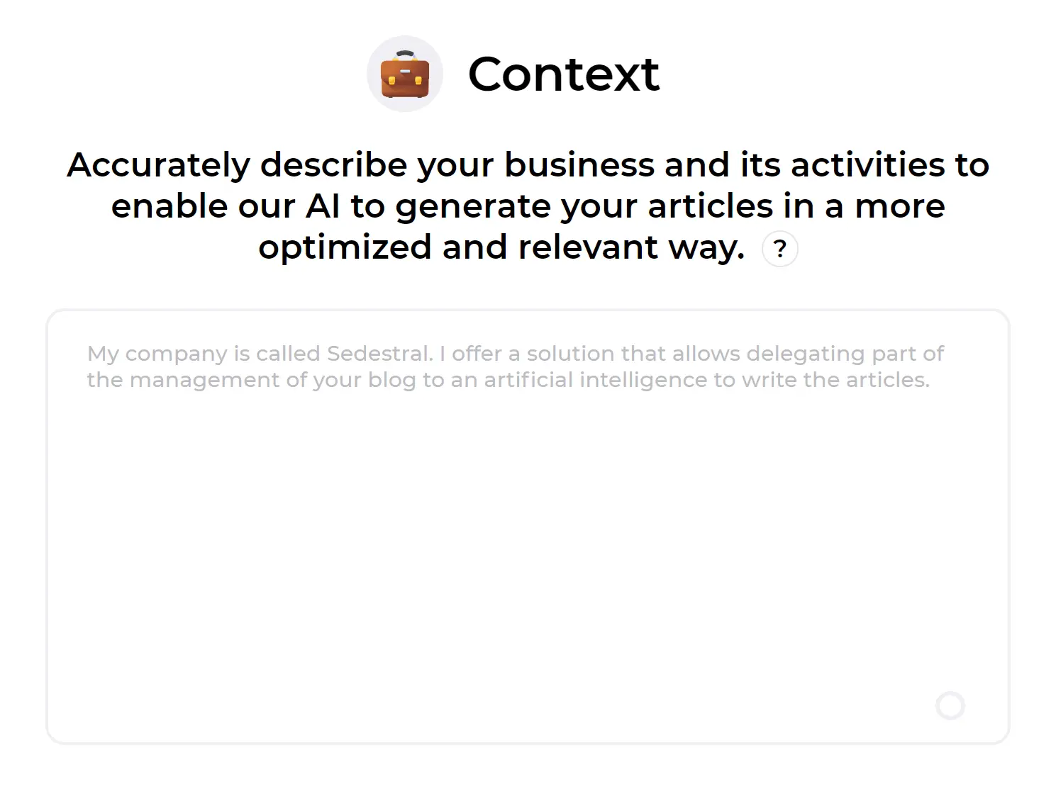 Page representing the Sedestral interface : Explain your business context to AI.