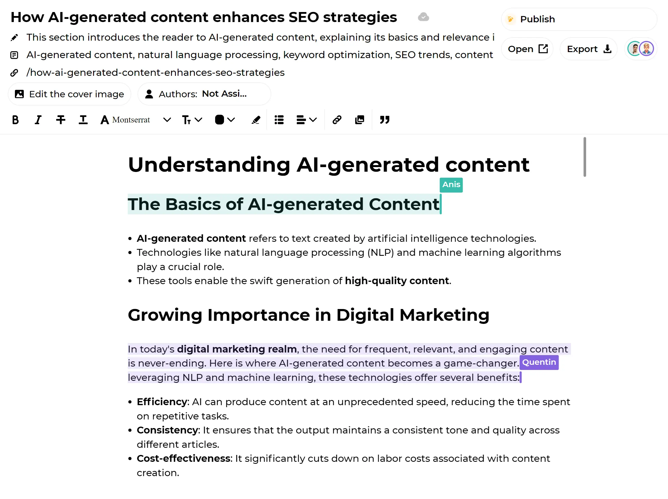 Pagina che rappresenta l'interfaccia di Sedestral : Modifica i tuoi post con un editor di testo moderno e collaborativo.