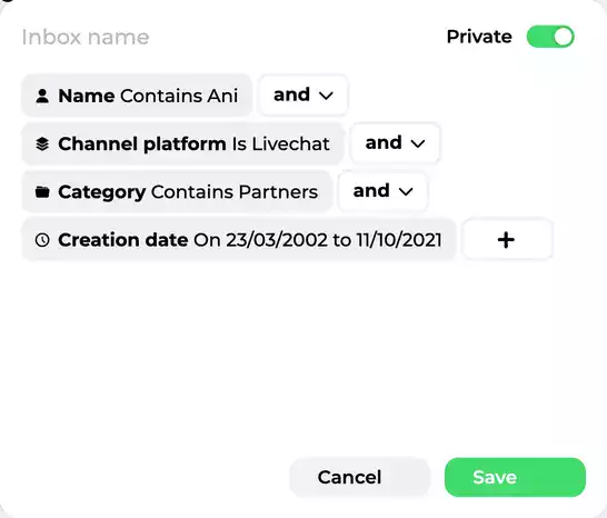 Page representing the Sedestral interface Filter your conversations according to specific criteria.