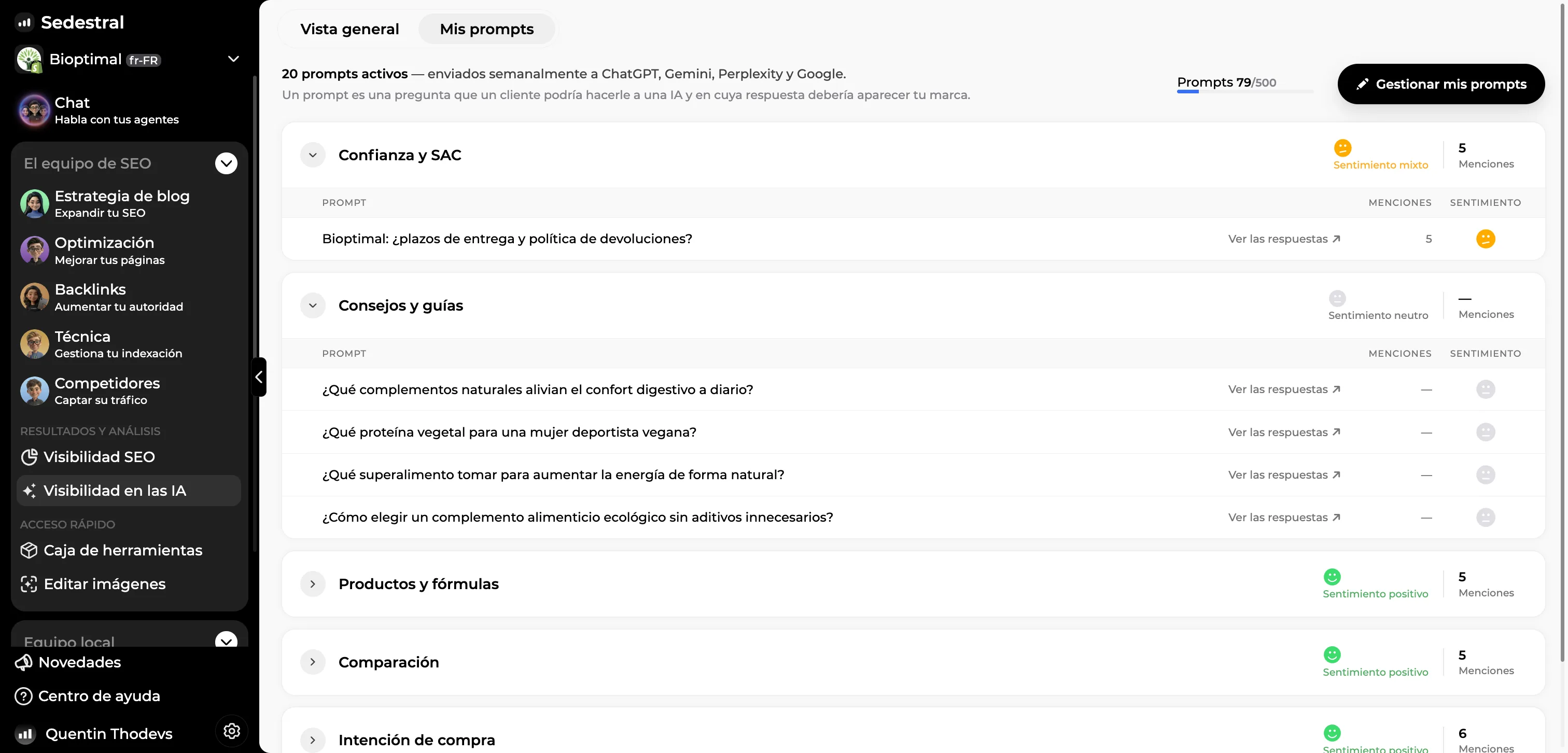 Lista de prompts seguidos, agrupados por temática