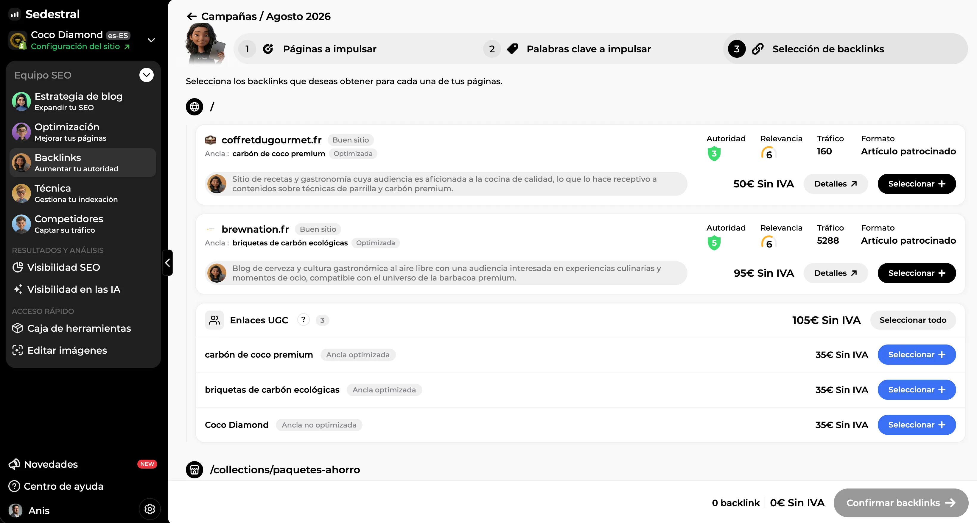 Backlinks propuestos con su precio, listos para pedir