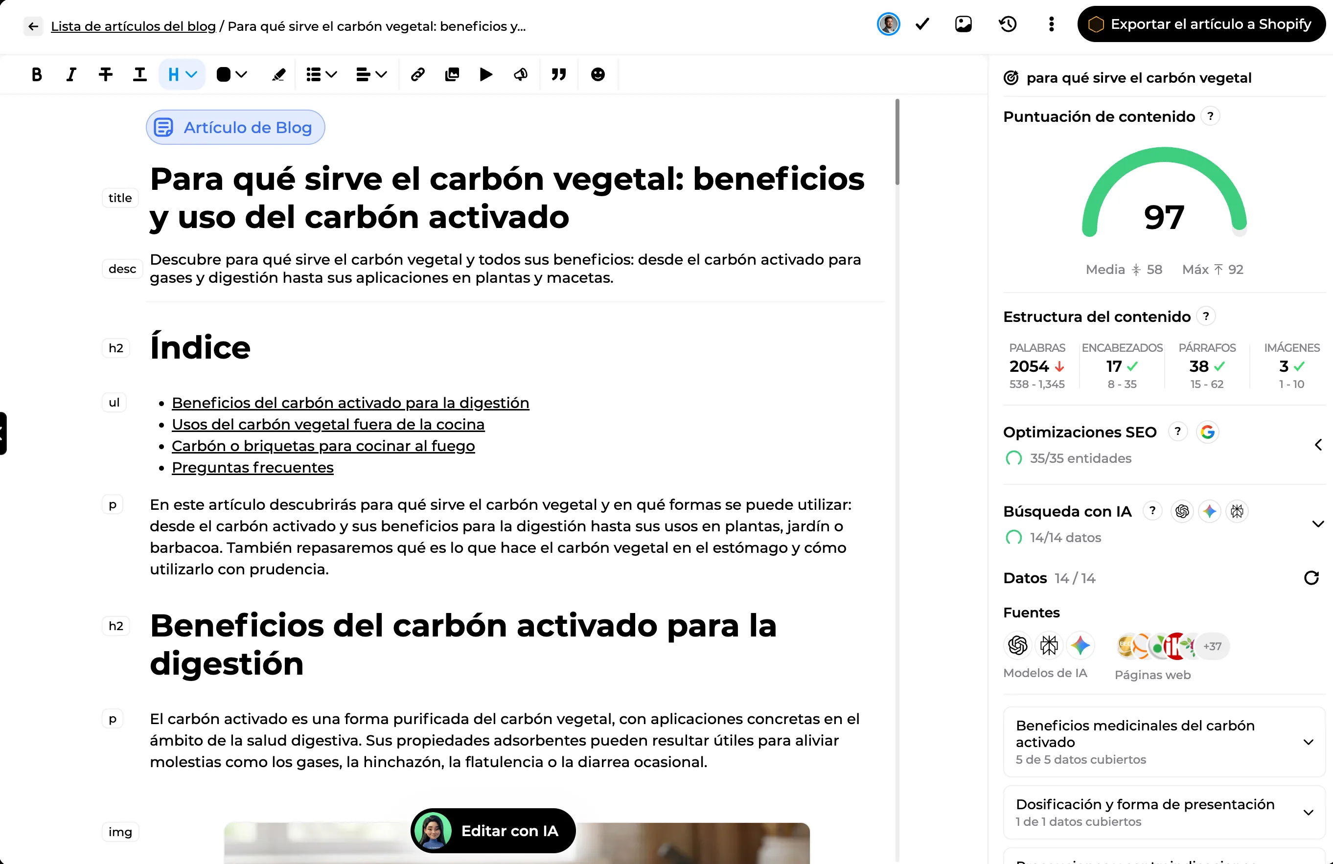 Artículo de blog redactado en el editor, con su puntuación de contenido y sus fuentes
