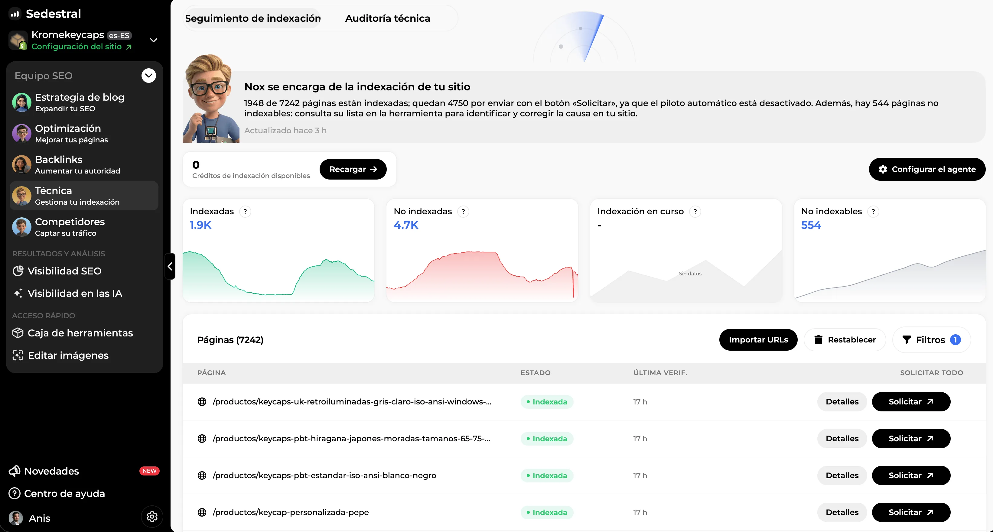 Vista previa de Nox, Agente Indexación