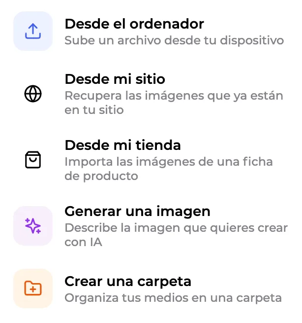 Importación desde el ordenador, la tienda o generación de una imagen