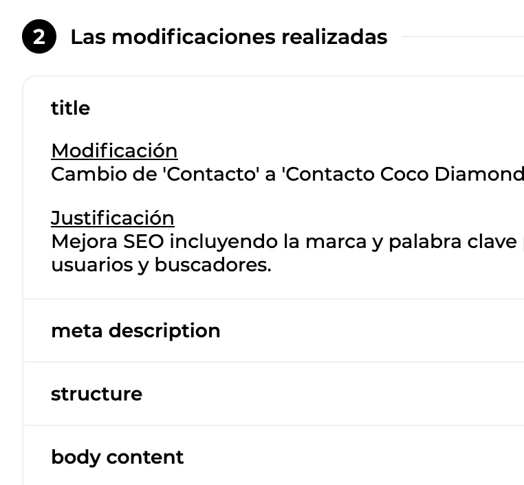 Cada modificación realizada acompañada de su justificación