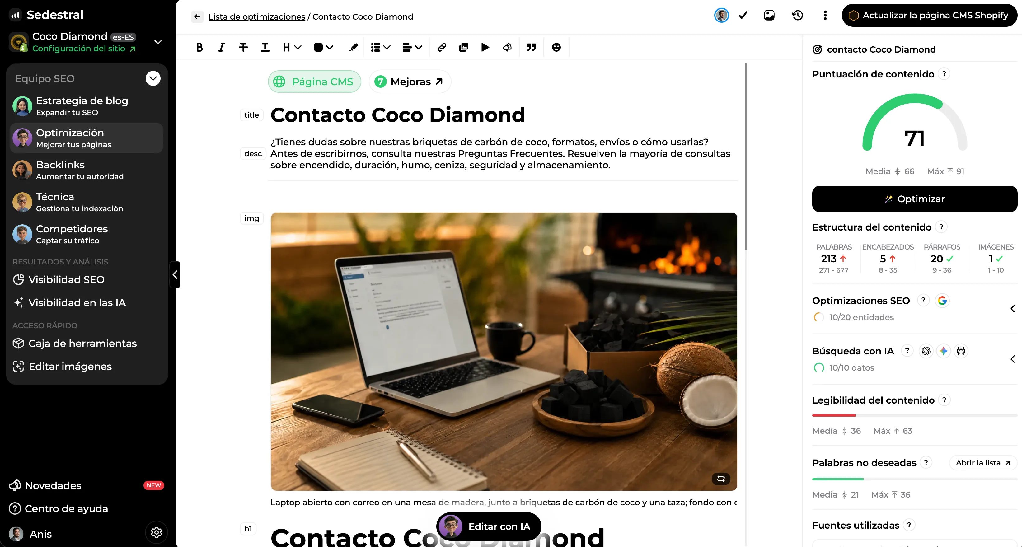 Página en proceso de optimización en el editor