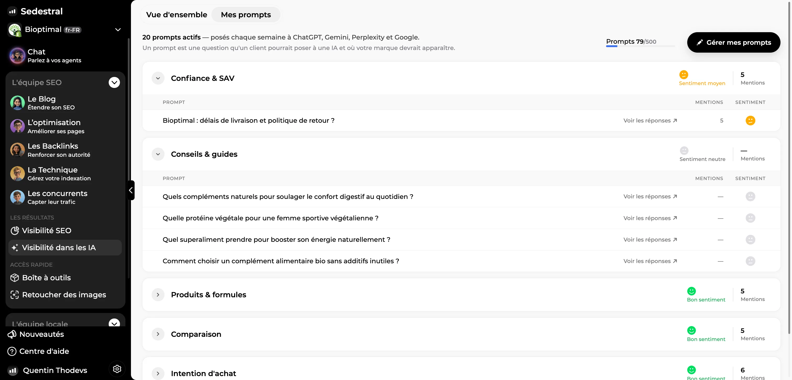 Liste des prompts suivis, groupés par thématique
