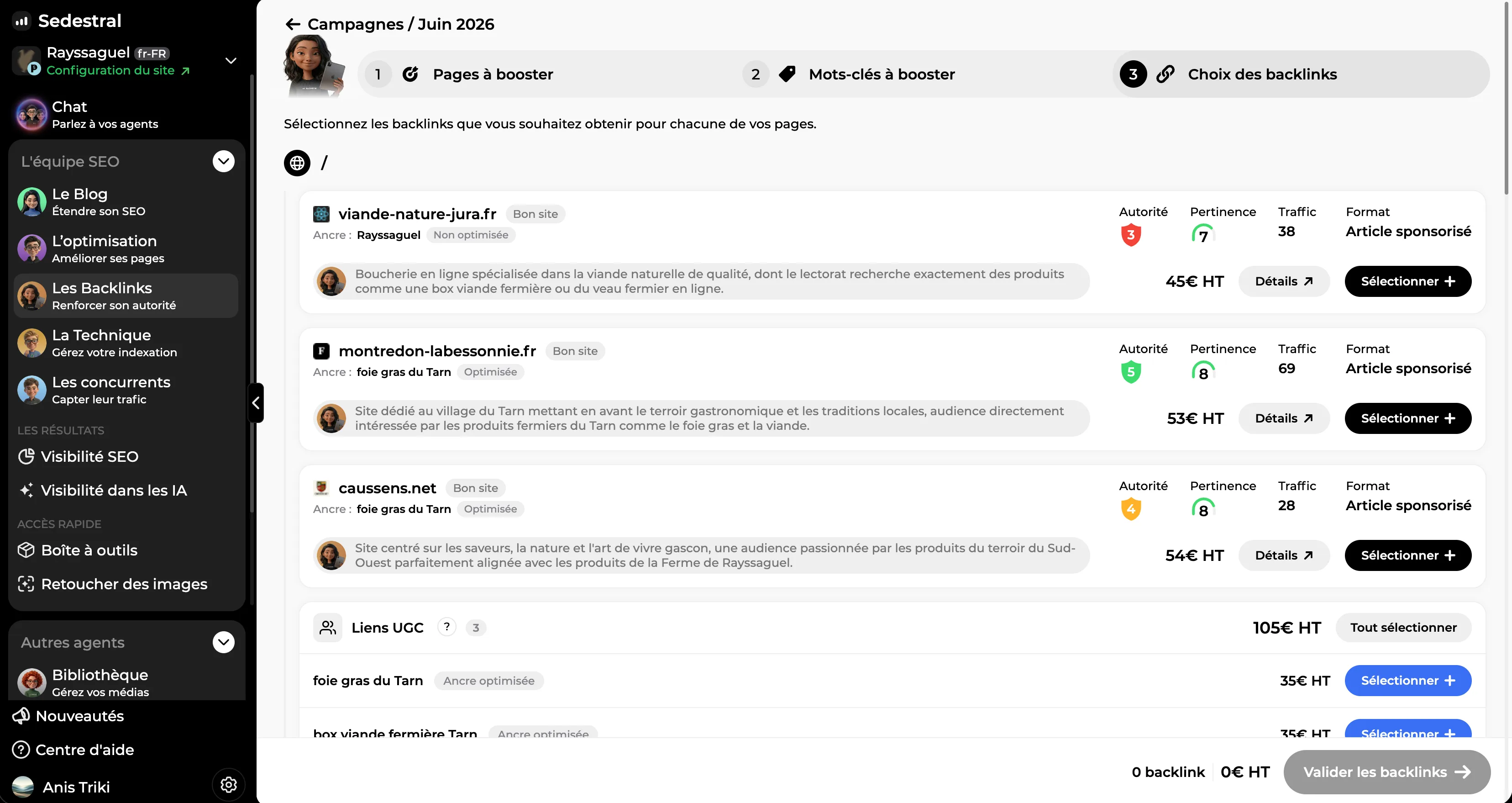 Backlinks proposés avec leur prix, prêts à être commandés