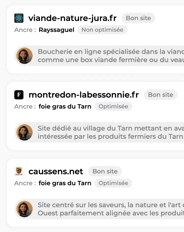 Sites retenus par Maya avec leur ancre et la raison du choix