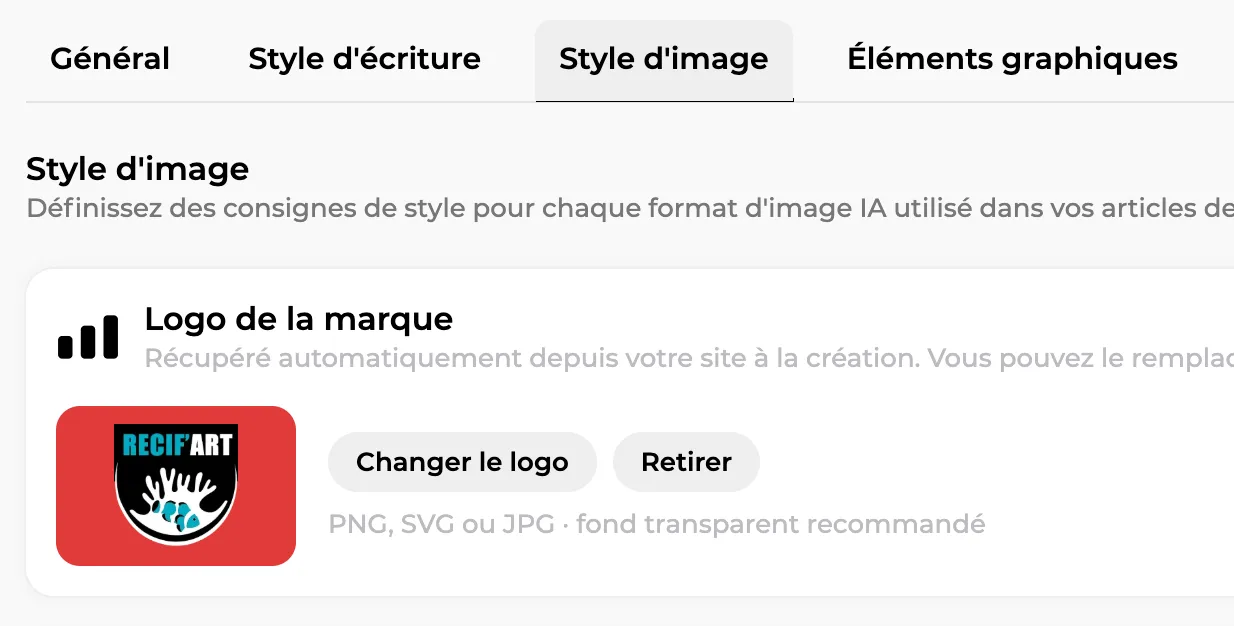 Réglages du style d'écriture et du style d'image du site
