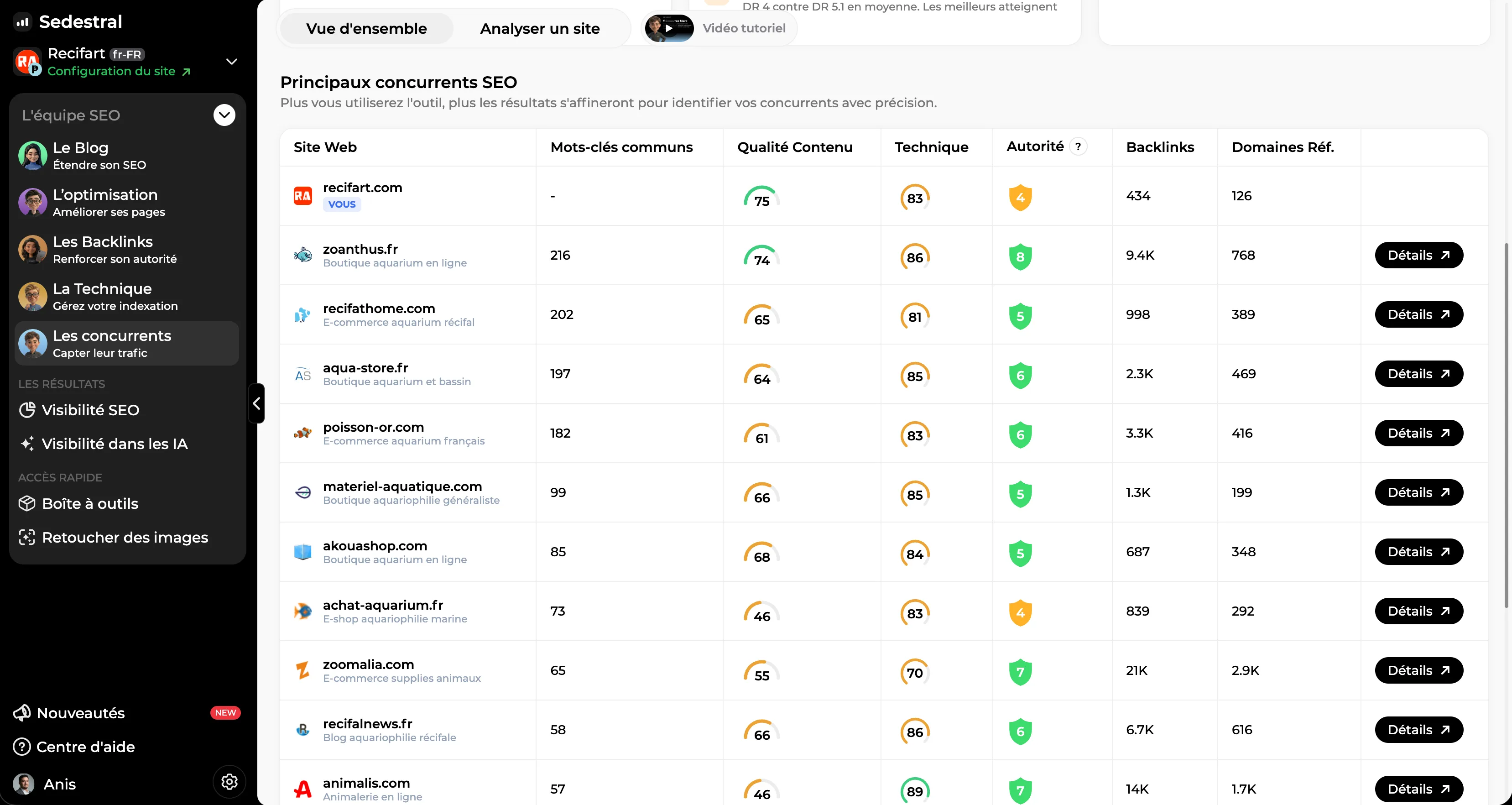 Liste des concurrents SEO sélectionnés