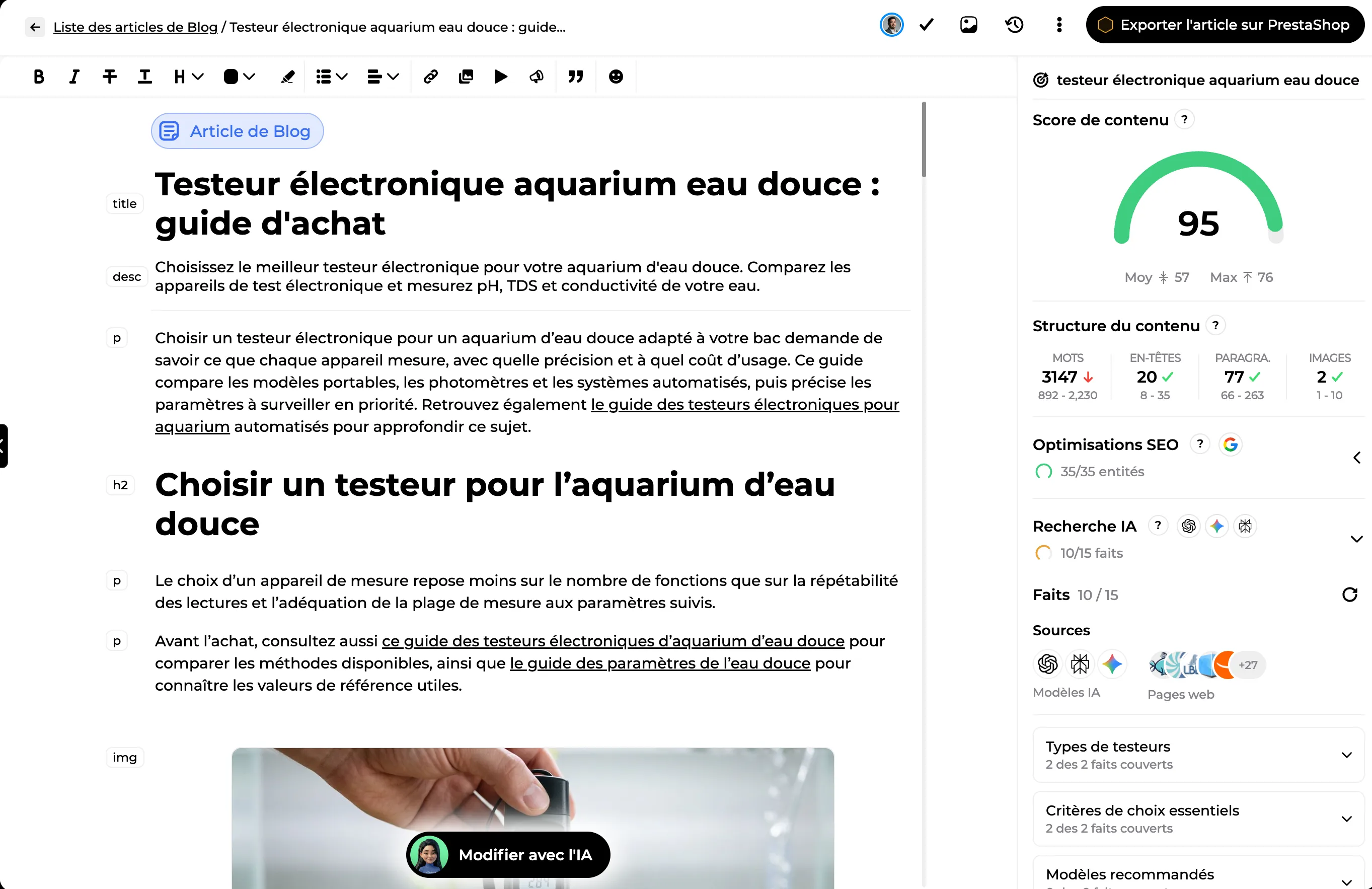 Article de blog rédigé dans l'éditeur, avec son score de contenu et ses sources