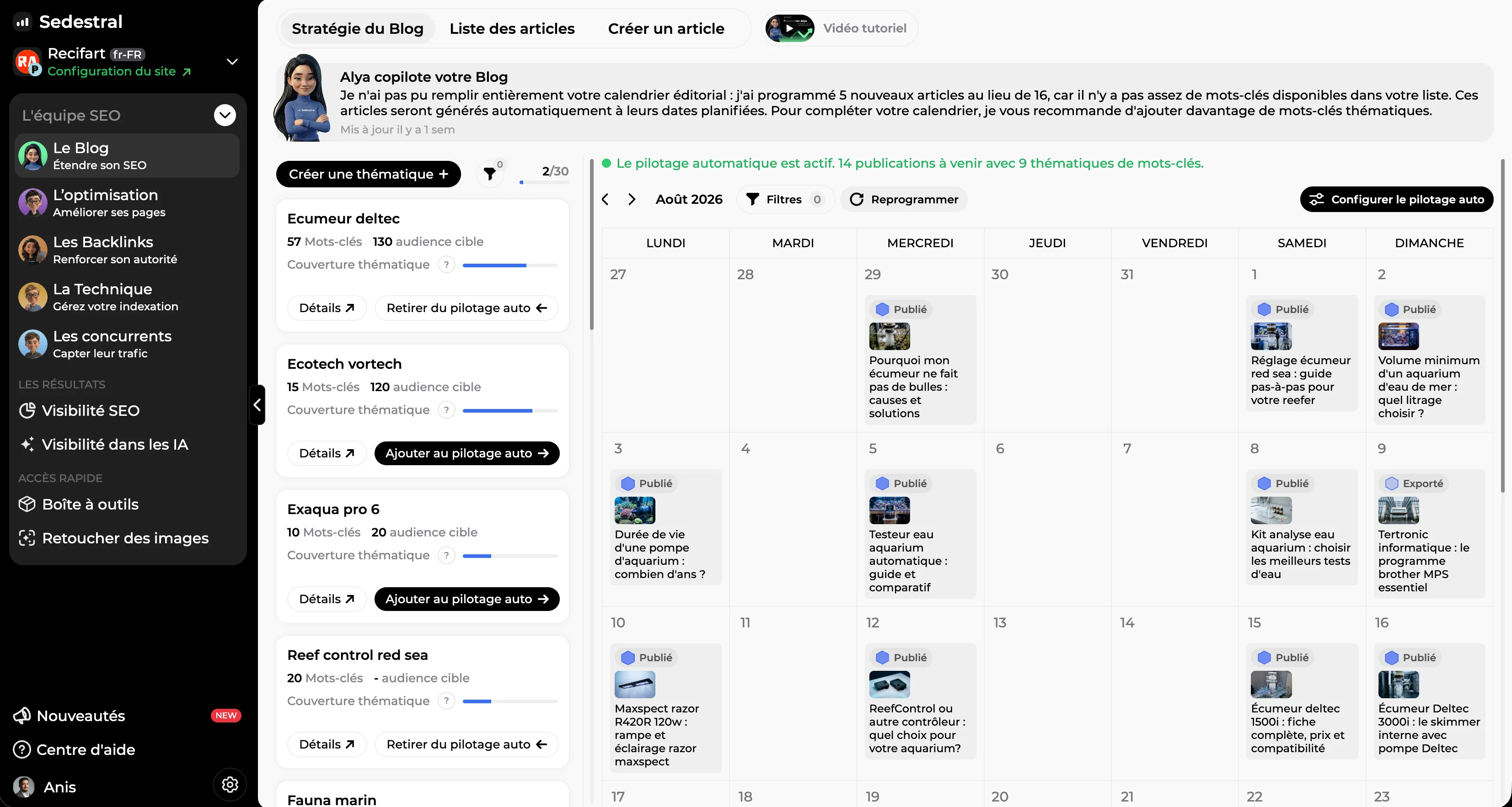 Tableau de bord Sedestral : l'équipe d'agents, le suivi du site et les contenus en cours