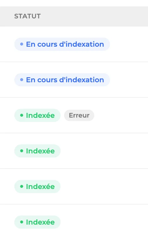 Statut renvoyé par Google pour chaque page