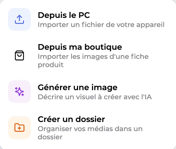 Import depuis l'ordinateur, la boutique ou génération d'une image