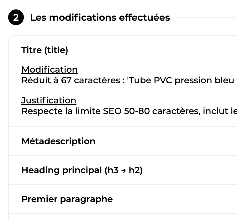 Chaque modification effectuée accompagnée de sa justification