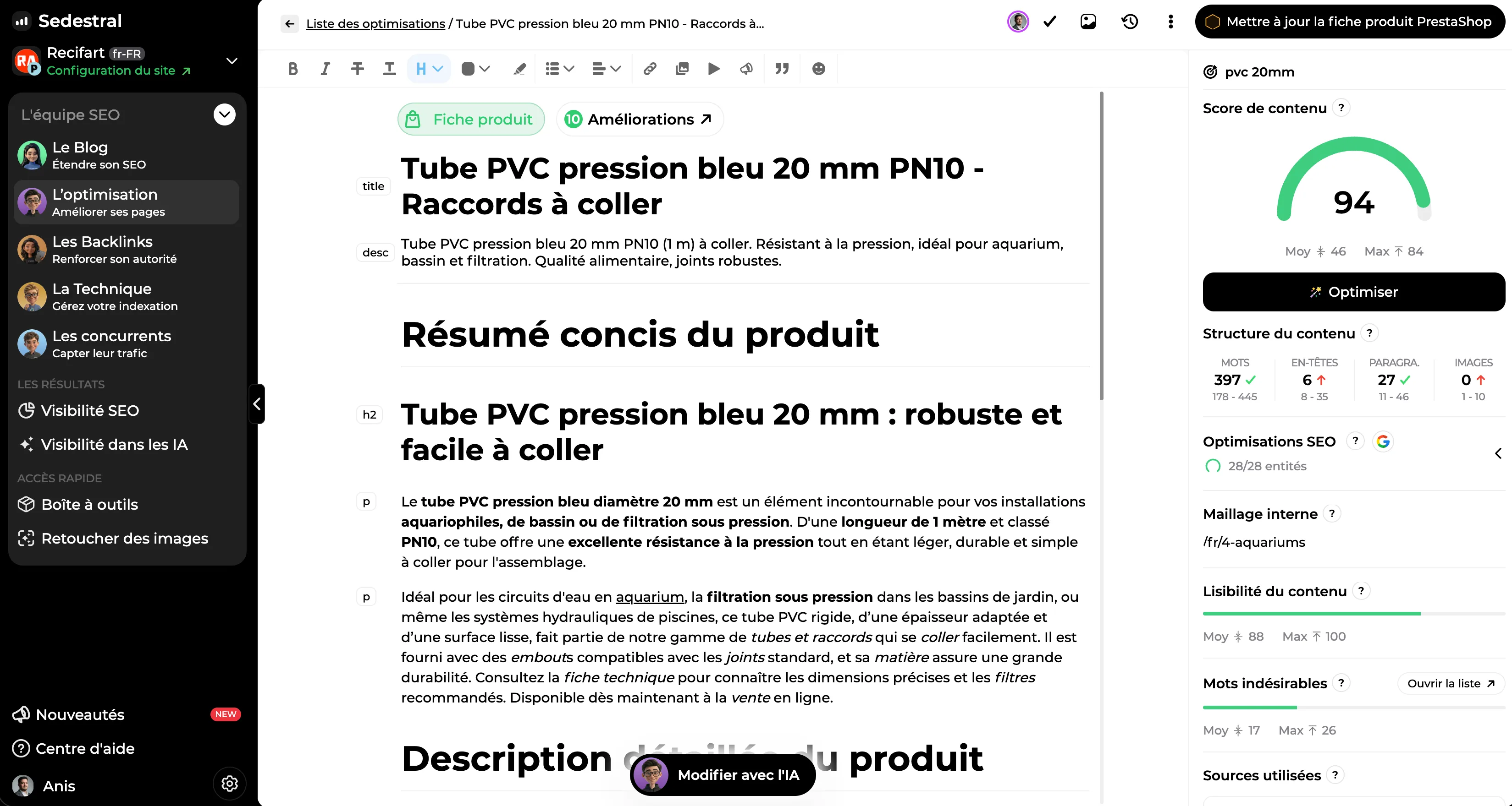 Page en cours d'optimisation dans l'éditeur
