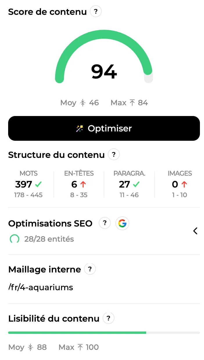 Score de contenu, structure et optimisations SEO d'une page