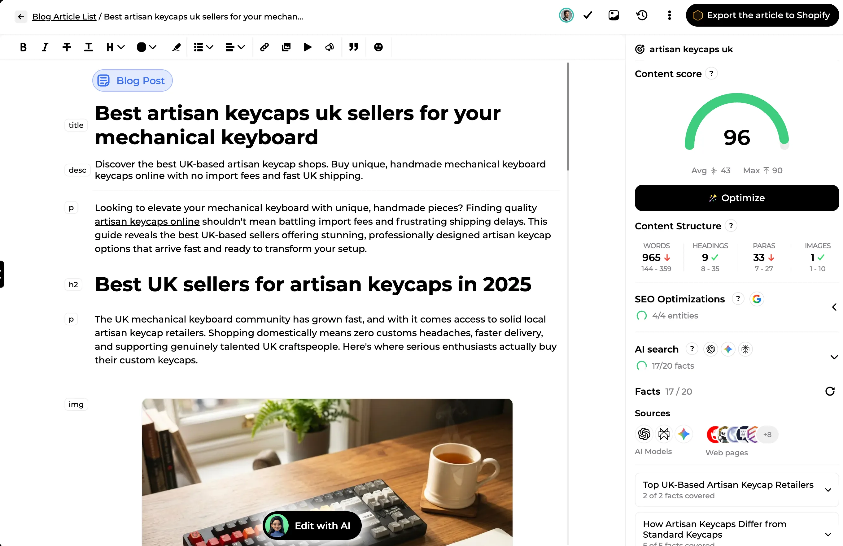 Blog article written in the editor, with its content score and sources