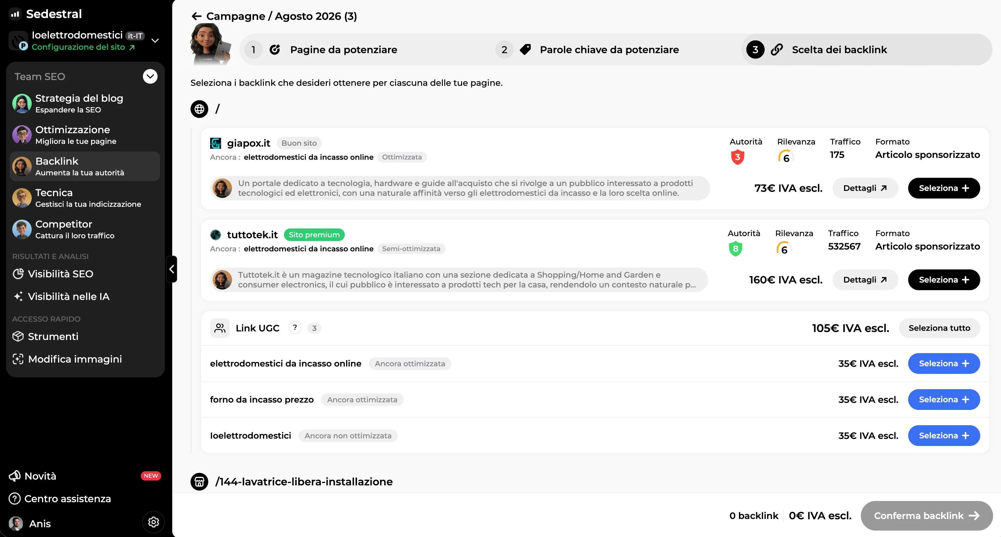 Backlink proposti con il loro prezzo, pronti per essere ordinati