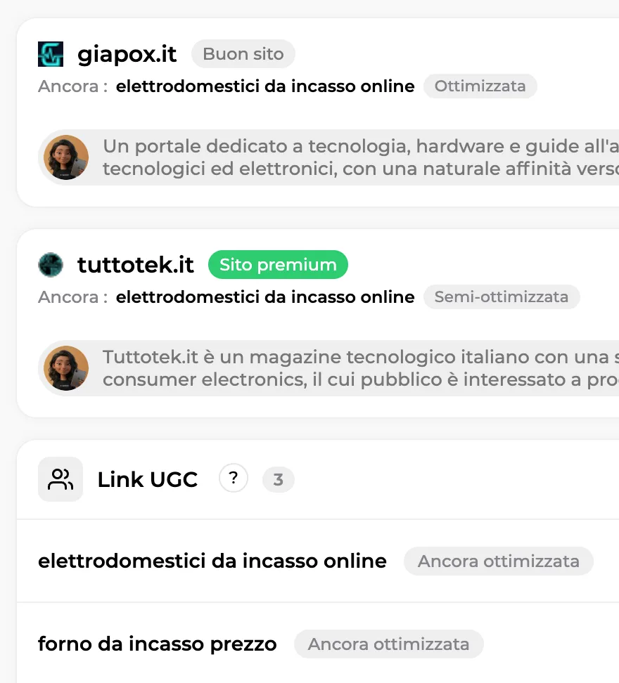 Siti selezionati da Maya con la loro anchor e il motivo della scelta