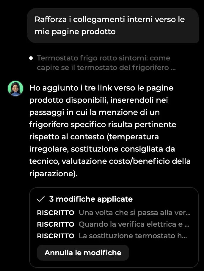 Alya applica le modifiche richieste nella chat dell'articolo