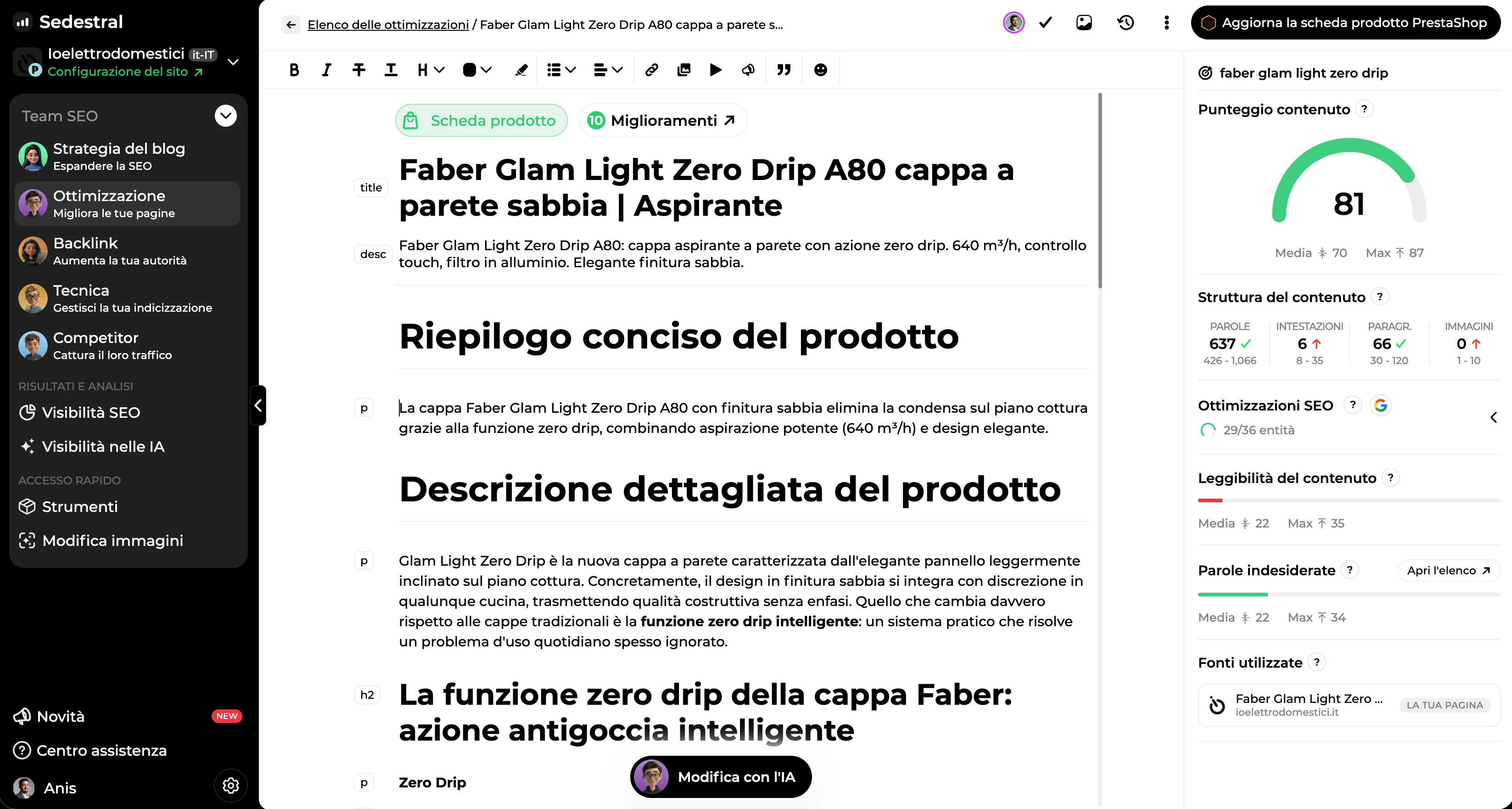 Pagina in fase di ottimizzazione nell'editor