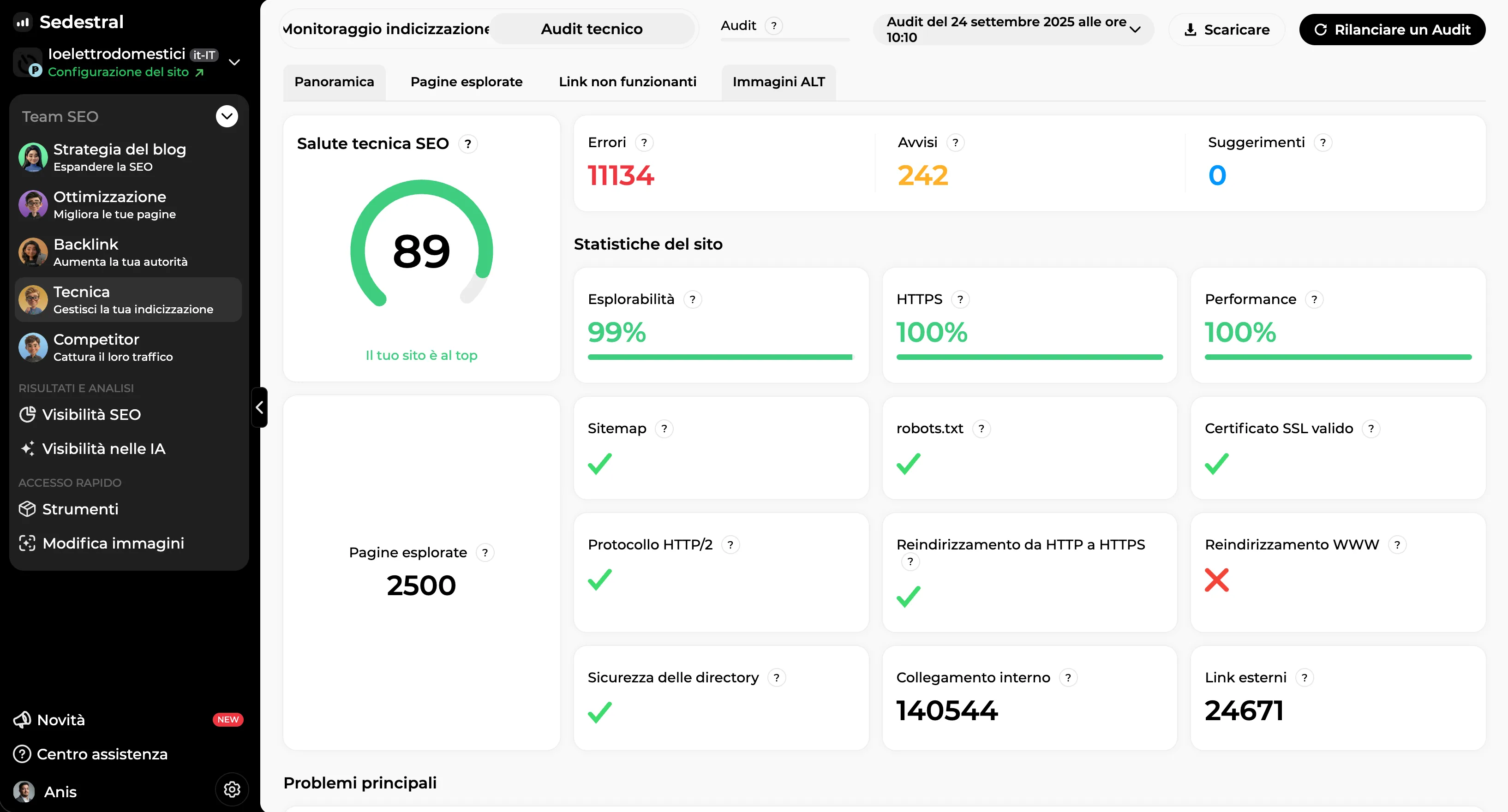 Audit tecnico: punteggio di salute SEO, errori, avvisi e statistiche del sito