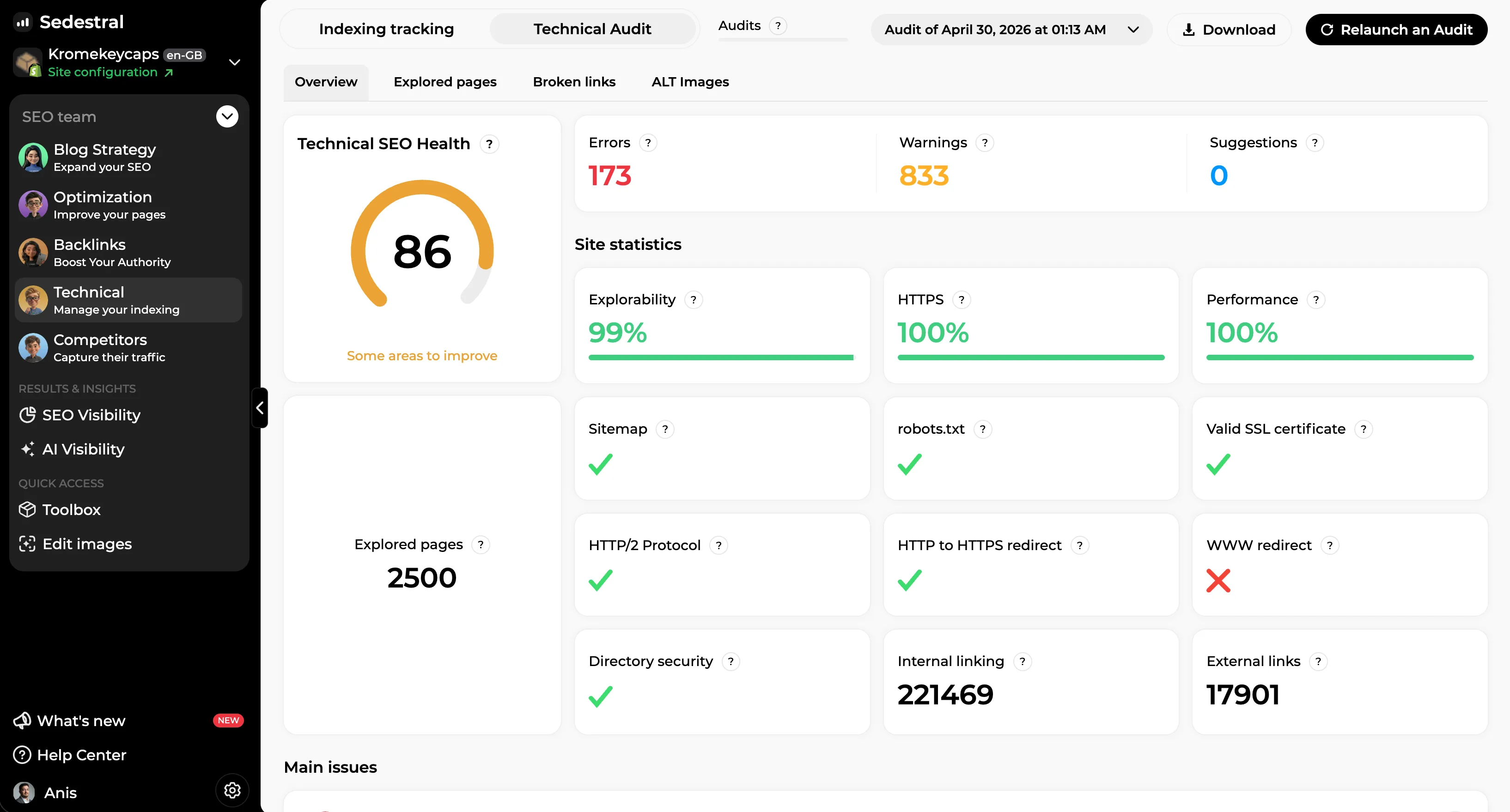 Auditoria técnica: pontuação de saúde SEO, erros, avisos e estatísticas do site